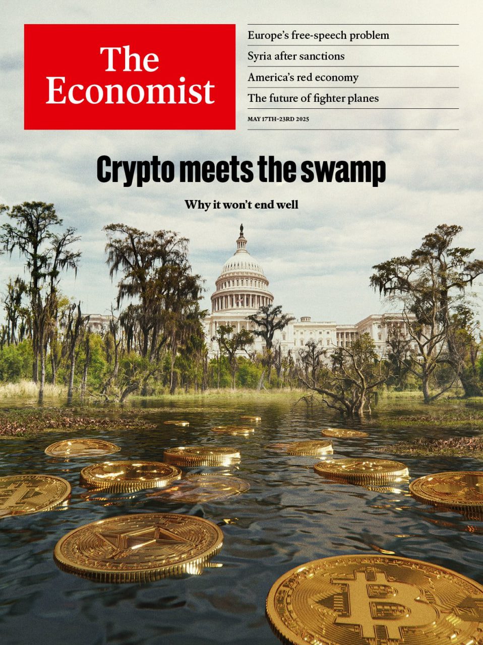 Анализ обложки журнала The Economist от 17–23 мая 2025 года с заголовком "Crypto meets the swamp: Why it won’t end well"
