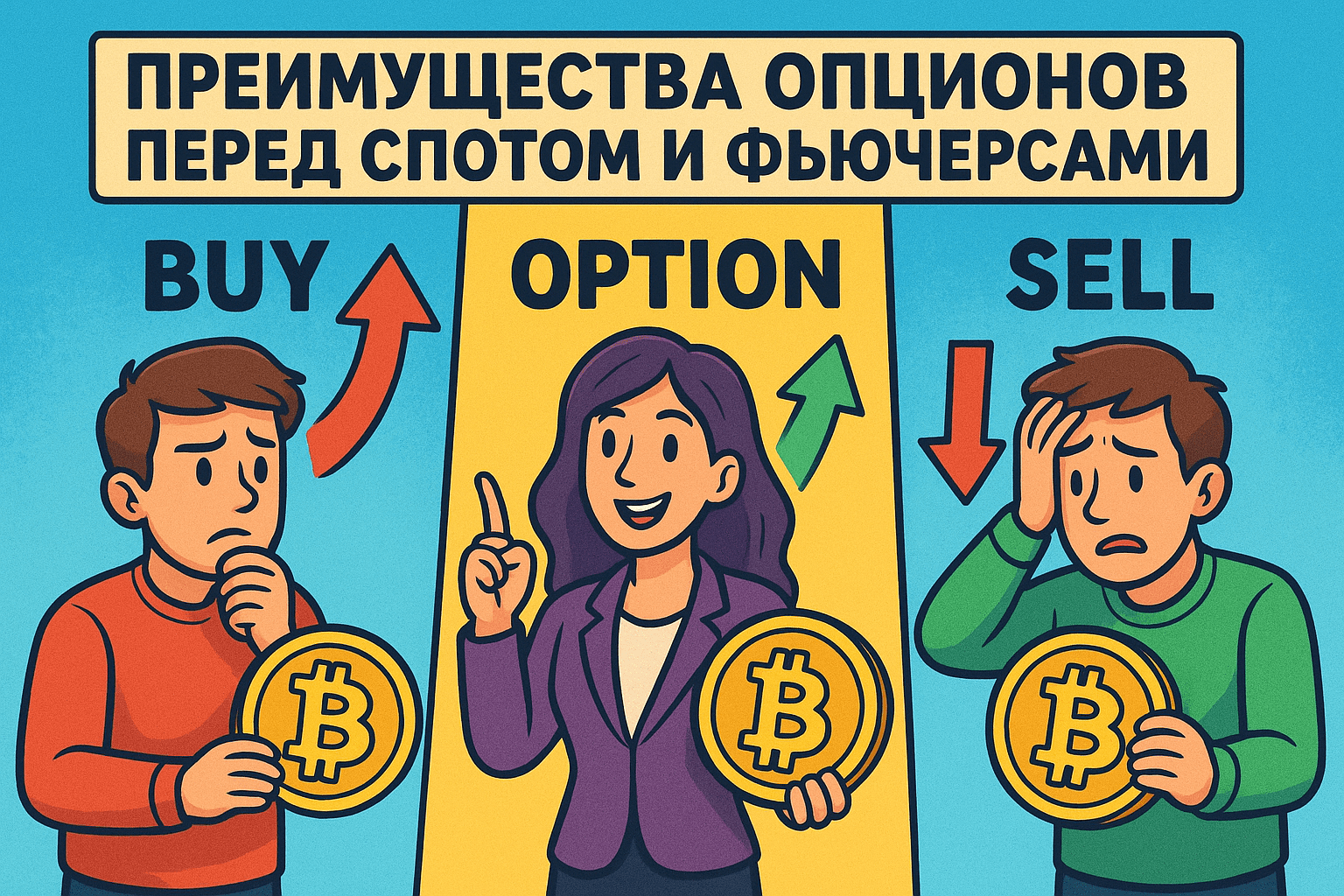 Преимущества опционов перед спотом и фьючерсами на примере покупки и продажи 1 BTC